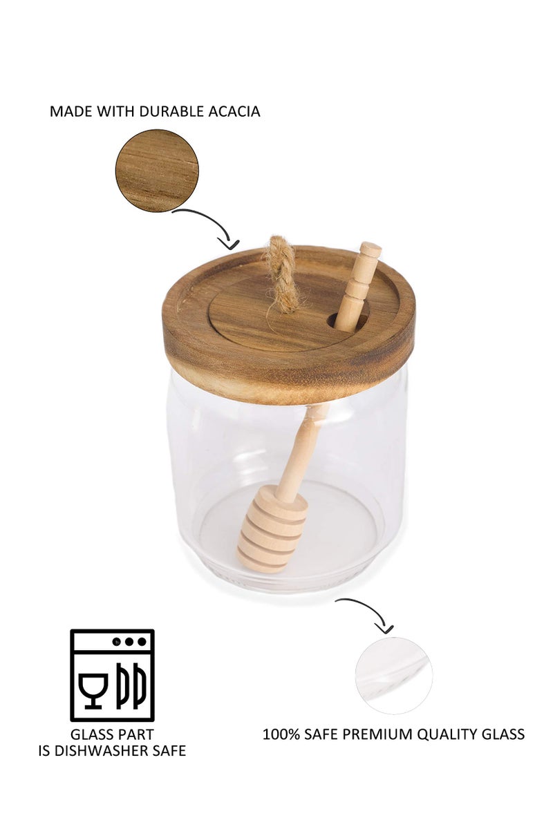 Dstuff Honey Jar Pot Glass Holder Dispenser Set with Wooden Dipper Stick and Acacia Lid Cover for Home Kitchen, Clear, Modern Honey Syrup Glass Container for Storage Gift, Honey Pot and Drizzler (14 Oz) - Image 2